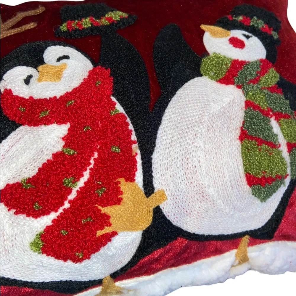 Peppermint Red Holiday Pillow with Snowman and Penguins